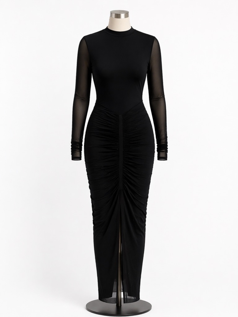 Zara Black Sheer-Sleeve Ruched Long Sleeve Maxi Dress